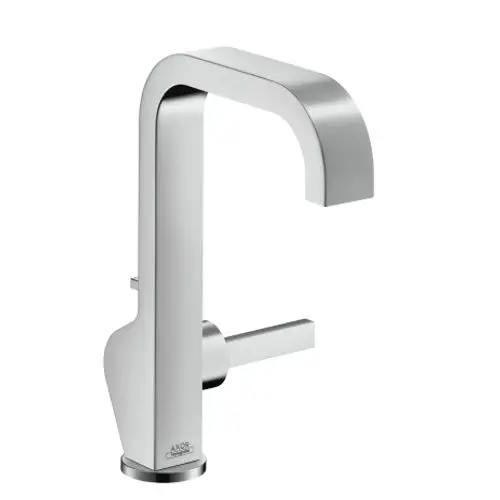 Einhebel-Waschtischmischer von AXOR mit einem modernen Design und einem seitlichen Hebel. Die Abflussgarnitur ist integriert. Oberflächen in Chrom.